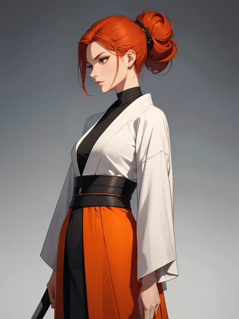 Aeroview of a city. swordswoman Female. Camera on the sword. makeup, mascara, Lips are subdued or  colors, Minimalism, monotone, red and orange, simple color palettes, bun hair, ponytail hairstyles, Clean, sharp designs, flowing silhouettes, loose long  ro...