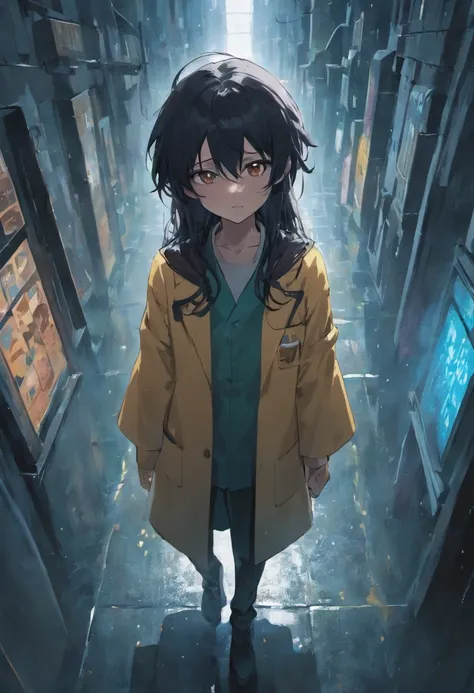 draw a skinny man in his lab coat long black hair dying from his wound in the narrow streets raining. the shot has to be from above. the scene is at night