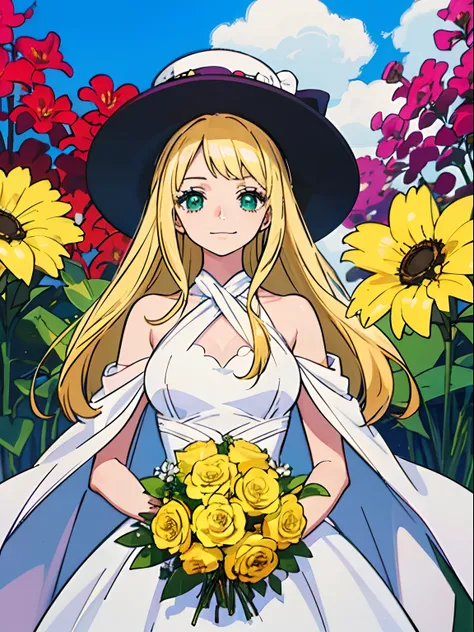 masutepiece, Fine detail, 4K, 8K, 12K, Solo, Alone, Beautiful Girl, Caucasian Woman, Blonde, Long hair, Green eyes, noble clothes, Smile、Aristocratic hat、Bouquet of Black Lily、Bouquet of black lilies