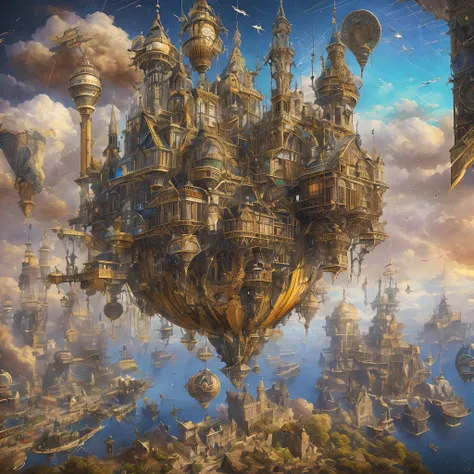 (Best quality,A high resolution,Masterpiece:1.2),((Steampunk castles float in mid-air)),(There are plenty of sails on the castle),Vibrant colors,scifi aesthetic,intense perspective,Modern miracle,forward-thinking,Technological progress