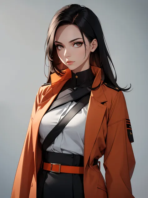 Army Female officer wearing army uniform , makeup, mascara, Lips are subdued or  colors, Minimalism, monotone, red and orange, simple color palettes, Clean, sharp designs, flowing silhouettes, loose robe,  high-waisted belt, asymmetrical, geometric, Elegan...