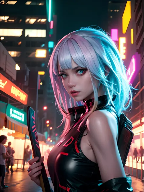 Rowdy Girl, in cyberpunk style, holding a hockey stick, Cool expression on face, at the night market, backlight, extremely realistic, 8k, insane details, intricate details, cinematic color grade, color grading, editorial photography, Photography, sharp foc...