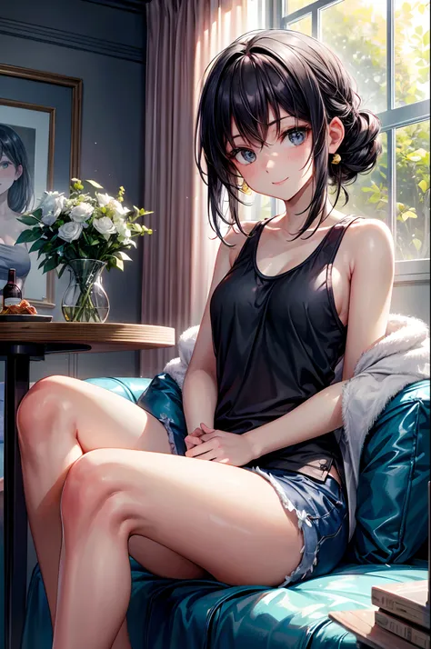 rural hometown, bright daytime scene. after taking a bath, short women, wet black hair relaxes. wide々and in the living room, she...