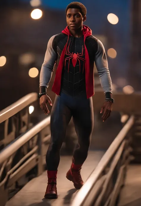 Miles Morales do filme Spiderman e o Multiver Aranha em Fotorealista, Cabelo crespo, Olhos castanhos, Pose Stand, arms and hands up in a straight line making a bridge, Corpo inteiro, Pose Stand olhando para frente com Cabelos crespo olha atraente