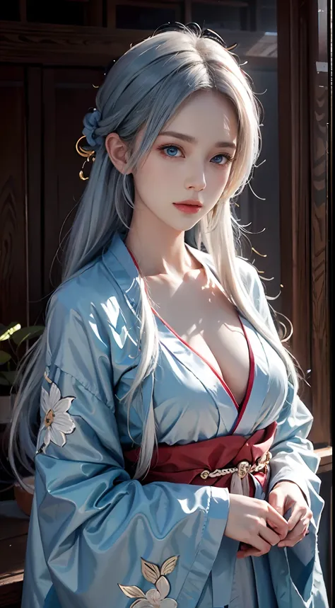 photorealistic, masterpiece, photorealistic, high resolution, soft light, waist up, blue eyes, white hair, long hair, kimono, open clothes