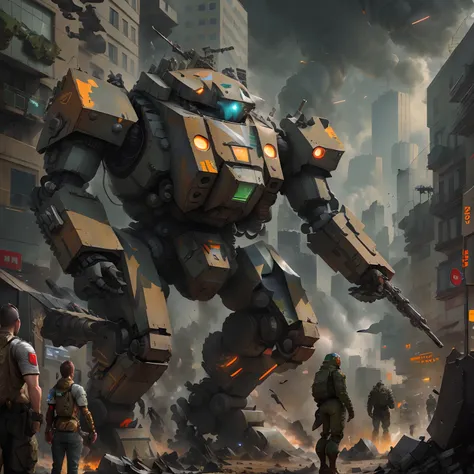 Soldiers are standing in front of a giant robot in a city, Lucha de soldados y mech, Wojtek FUS, Battlemech, Alejandro Ferra Mecha, Concepto de arte mecanizado, comic book style battlemech, Mechs de guerra luchando, Estilo Battletech, Robot gigante, Arte m...