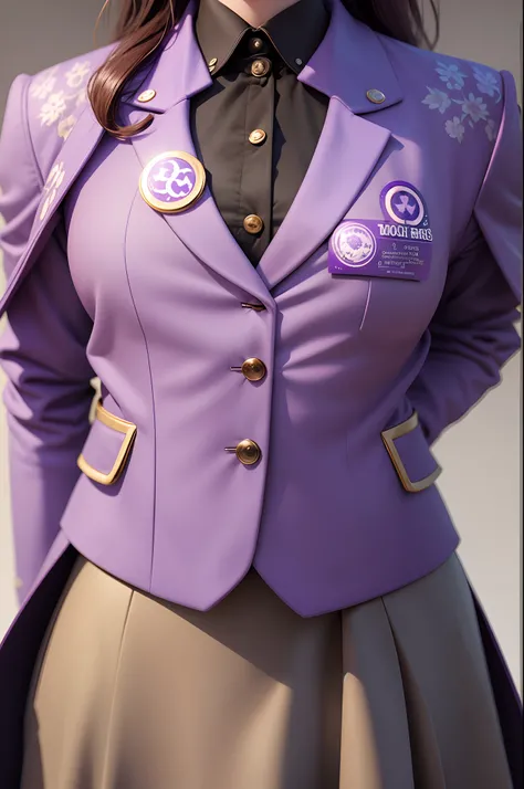 violet Printed Round Button Badge on jacket lapel, mockup, ultra detailed 3D model rendering, depth of field