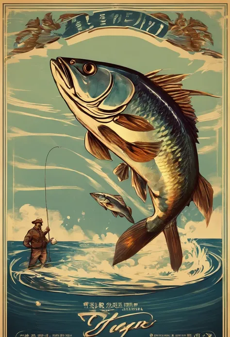 fishing, American propaganda poster, ray tracing, depth of field, reflection light, motion lines, close-up, from below