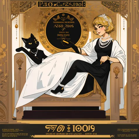 vector art, arafed black cat sitting on a pedestal with a pearl necklace, elegant cat, 1920s advert, 1960s advertisement, luxury advertisement, magazine advertisement, 1960s perfume bottle ads,