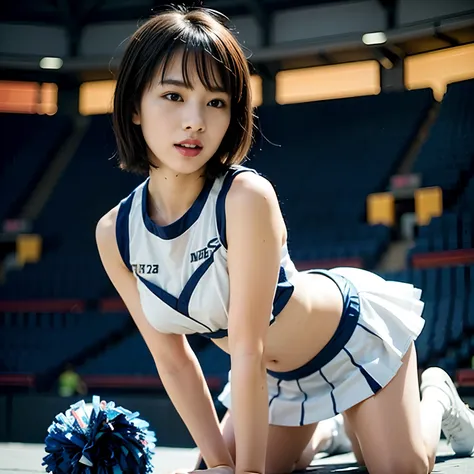 masutepiece, Full body shot, (1 girl and 1 man, Having sex:1.5), (Doggy sex:1.5), (Cheerleader Wear:1.5), Detailed eyes and detailed face,  large full breasts、Chest is open、(Beautiful face, kawaii:1.2), cute Japanese girls, 16 yo, (From Futong View:1.3), (...