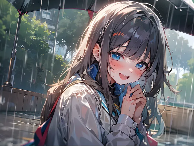 ((Best quality, 8K, Masterpiece: 1.3)), highschool girls walking in rain, soaked wet, laughing, beautiful scenery