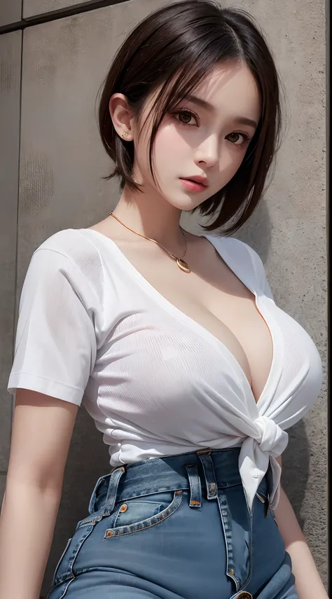 ultra detailed, beautiful, masterpiece, best quality, detailed beautiful round eyes, beautifully detailed face, medium short hair, big breasts, cleavage, slim waist, young woman, (white tight shirt, jeans), street, (cowboy shot, looking at viewer)