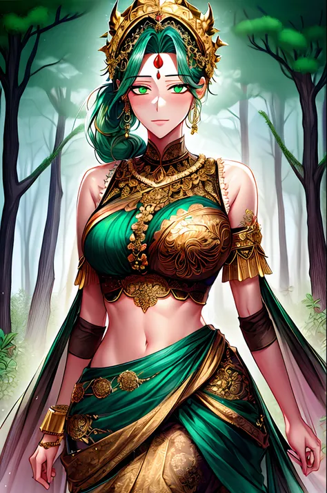 fantasy style, floral background, romance manhwa, 1girl, solo,  green eyes, ponytail, beautiful body, royal intricate sari, (orn...