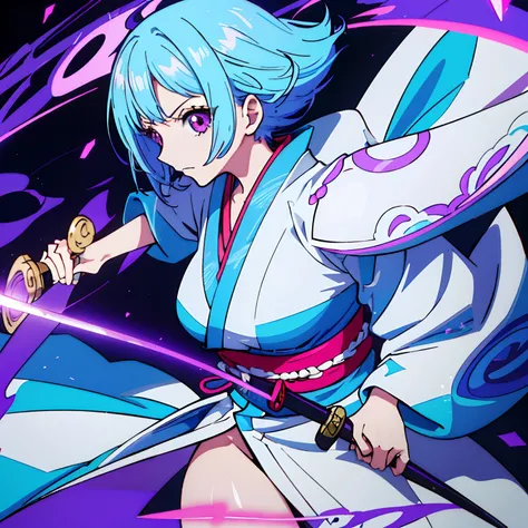 masutepiece, Fine detail, 4K, 8K, 12K, Solo, 1 person, Beautiful Girl, A MILF、Caucasian Woman, Light blue hair、short-hair、waved hair、Red Eyes、Unclear、17 age、Black kimono、Holding a purple sword、battle posture、Purple effect