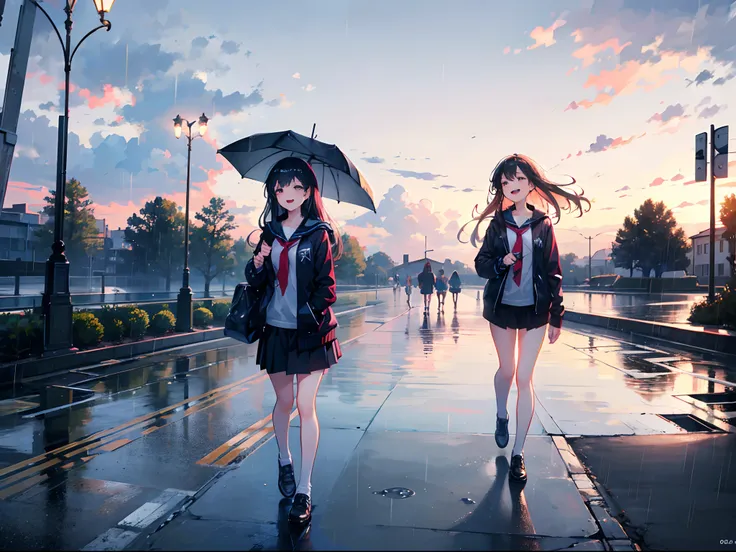 ((Best quality, 8K, Masterpiece: 1.3)), highschool girls walking in rain, soaked wet, laughing, beautiful scenery