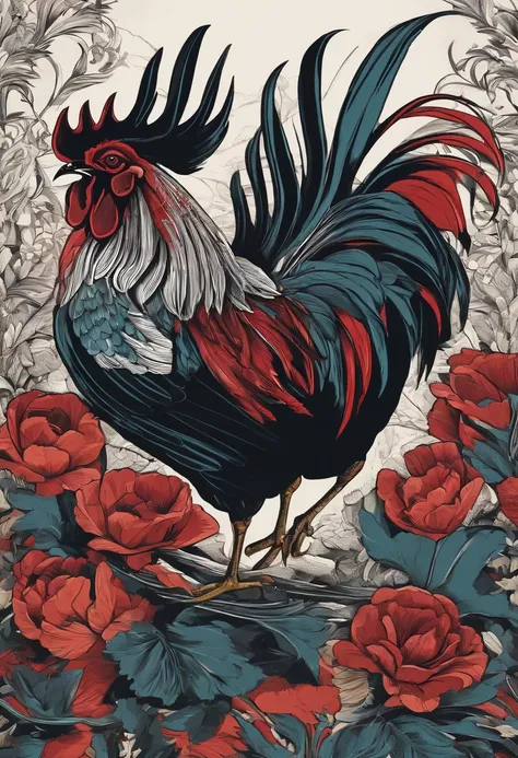 /imagine prompt: Rooster illustration with sticker on black background,The outline is bold, Jagged edges, Garbage core, Light and shadow --V 5.2