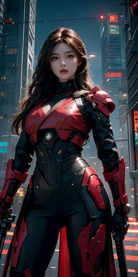 photorealistic, high resolution, soft light,1women, solo, hips up, (detailed face), red long hair, cybersamurai, cyborg, cyberpunk,  cyber armor, holding weapon,glowing,gun, city at night