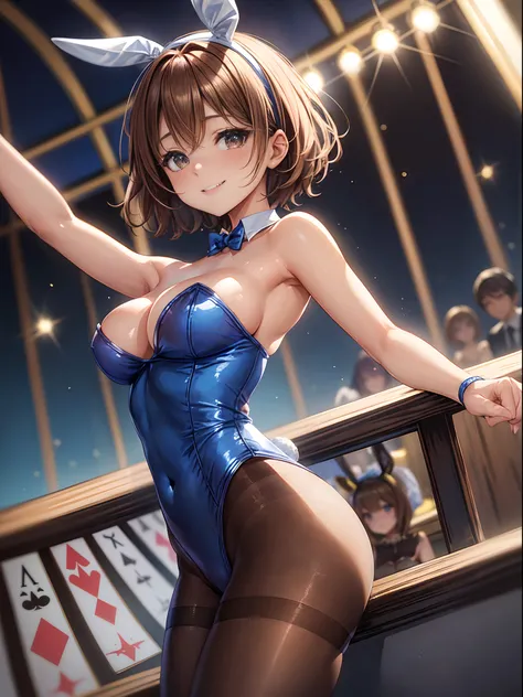 top-quality、Full limbs、complete fingers、One beautiful woman、Beautiful Large Breasts、short-hair、bobhair、Brown hair、Woman wearing bunny girl cosplay、Blue bunny girl leotard、Blue Bunny Girl Katyusha、((Brown pantyhose))、a smile、Guiding gestures、casino、PlayingC...