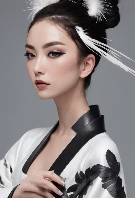 Kimono made of leather、detailed tits、A detailed face、White and black kimono、Black eyeshadow、black feathers on the head,、