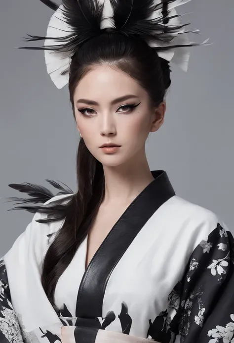 Kimono made of leather、detailed tits、A detailed face、White and black kimono、Black eyeshadow、black feathers on the head,、