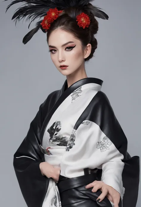 Kimono made of leather、detailed tits、A detailed face、White and black kimono、Black eyeshadow、black feathers on the head,、