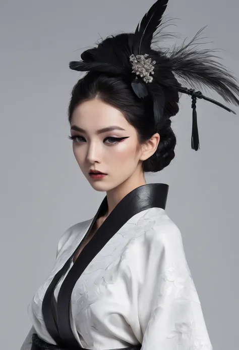 Kimono made of leather、detailed tits、A detailed face、White and black kimono、Black eyeshadow、black feathers on the head,、