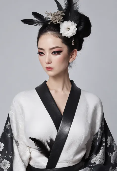 Kimono made of leather、detailed tits、A detailed face、White and black kimono、Black eyeshadow、black feathers on the head,、