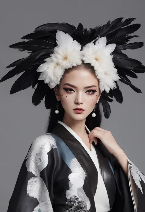 Kimono made of leather、detailed tits、A detailed face、White and black kimono、Black eyeshadow、multiple black feathers on the head,,、