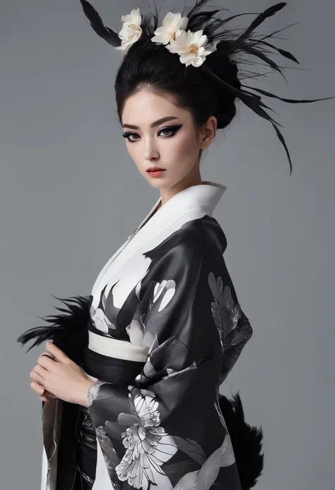 Kimono made of leather、detailed tits、A detailed face、White and black kimono、Black eyeshadow、multiple black feathers on the head,,、