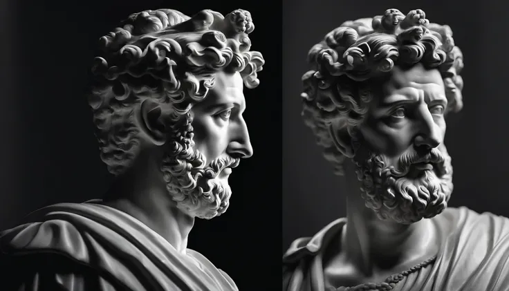 a portrait statue of the stoic Marcus Aurelius in black and white 4K,Face de lado, papel de parede super realista