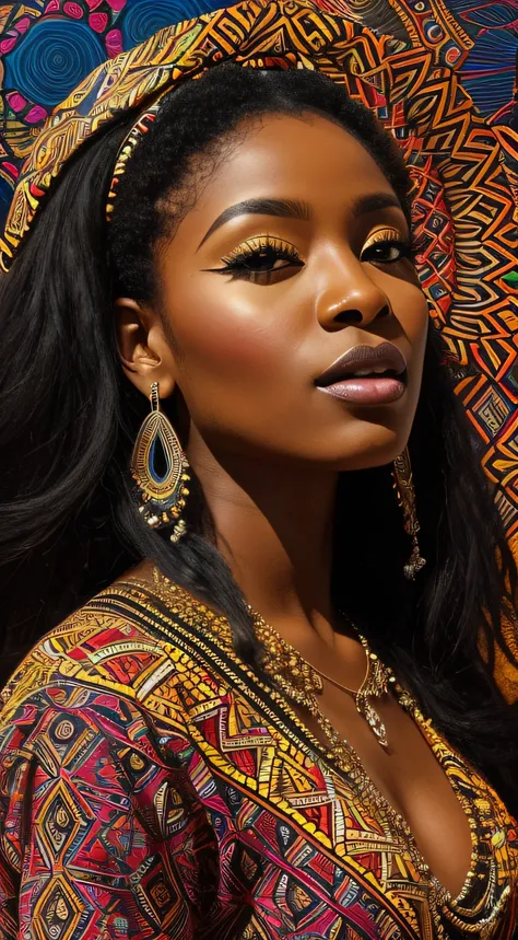 An image of a stunning black woman depicted in vibrant colors and patterns, Celebrating its African heritage. The artwork features intricate details and bold brushstrokes, capturing the essence of its beauty and brilliance. The image is ideal for a contemp...