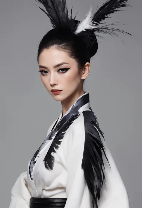 Kimono made of leather、detailed tits、A detailed face、White and black kimono、Black eyeshadow、multiple black feathers on the head,,,、Kimono with black feathers、