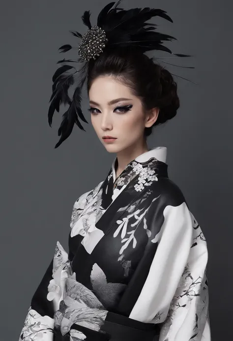 Kimono made of leather、detailed tits、A detailed face、White and black kimono、Black eyeshadow、multiple black feathers on the head,,,、Kimono with black feathers、