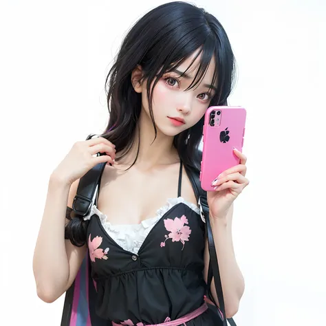 1 girl, black hair, standing, holding a pink phone, Sasuke uchiha , ultra realistic, realistic