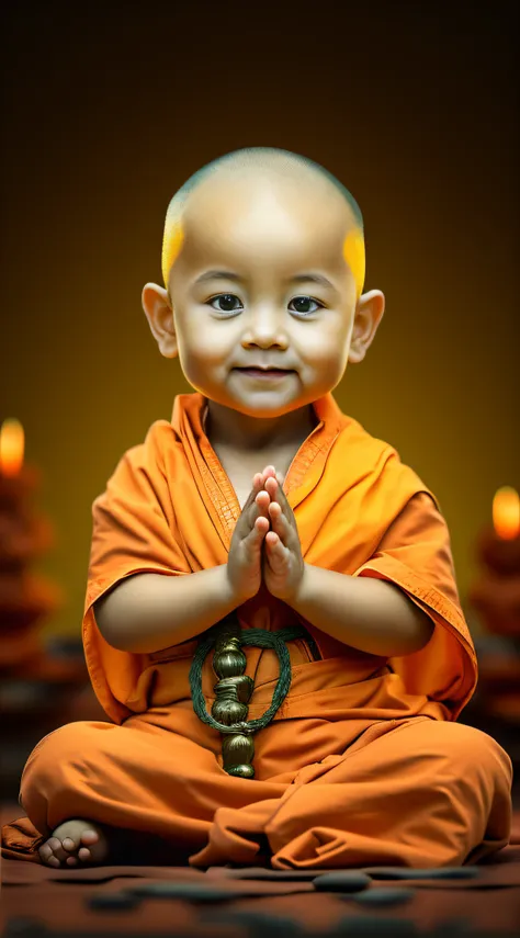 A little monk with a toddler，had his hands folded，sit with legs crossed，Orange monk robe，Perfect facial features，face to the viewer，with black background