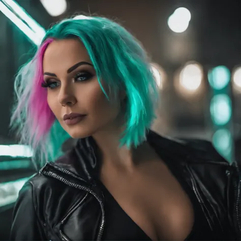 ((best quality)), ((Meisterwerk)), ((realistisch)) and ultra-detailed photography of a 1nerdy girl with goth and neon colors. Sie hat ((turquoise hair)), wears a techwear jacket and exudes a vibe ((beautiful and aesthetic)), sexy, Underboobs, hot, Zaubertr...