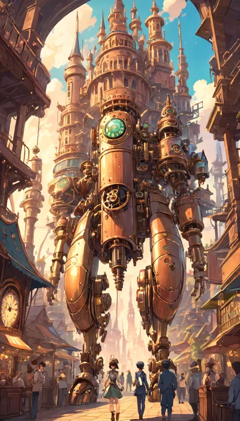 (Intricate steampunk biomechanical castle,giant  mechanical feet with castle,huge  mechanical legs:1.45),trippy gorgeous surreal composition popart of a wonderous enchanting Victorian Atompunk Steampunk Candyland fantasy world on LSD, magnificent towering ...