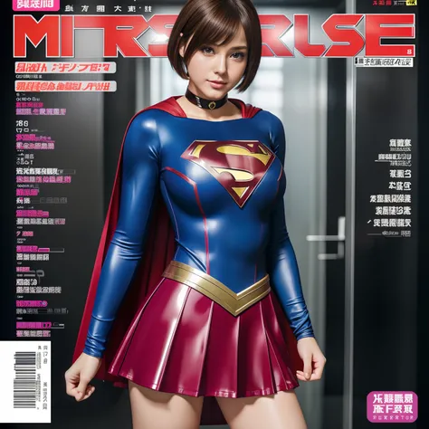 (Best Quality,4K,8K,hight resolution,masutepiece:1.2),Ultra-detailed,Realistic:1.37,Super masterpiece,Short-haired Supergirl、large full breasts、Looking at the camera、Glossy costume、a choker、Too short miniskirt、Magazine covers、fashion magazine