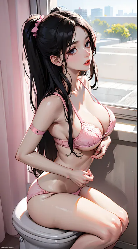 Milf,Gril,bigboob, beauty, long hair, black white hair, transparan pink panties, pink bra, toilet background, hd light and dark, balace rendering, many visual efec bacground