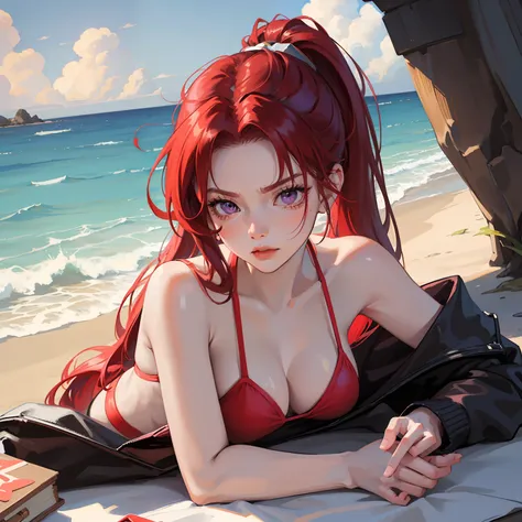 (Masterpiece), Best Quality, expressive eyes, a perfect face, 1girl, solo, red hair, purple eyes, long hair, one ponytail, fluffy ponytail, middle breaste, blusher, serious face, tsundere face, in bikini, red bikini, at a beach, Lying on Homak, sunglasses ...