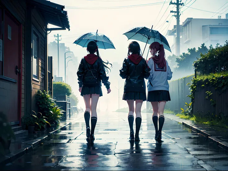 ((Best quality, 8K, Masterpiece: 1.3)), highschool girls walking in rain, soaked wet, laughing, beautiful scenery