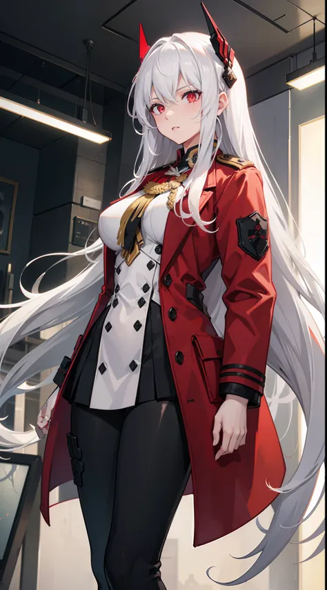 Best quality, masterpiece, 1girl, white hair, uniform, coat, large breasts, red eyes, long hair, military uniform, pants,