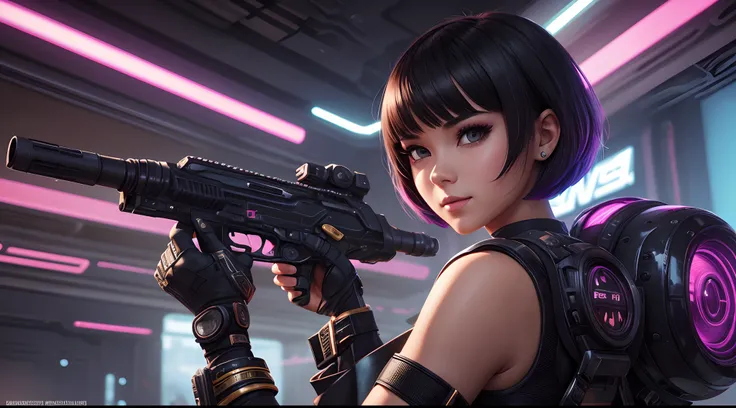 "Get lost in the intricate details of our high resolution illustrations. Envision a cheerful and beautiful girl, with a bob shorthair and a cyberpunk fighter attitude, ready to conquer the world."