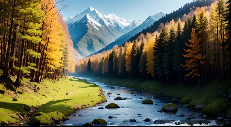 hills, mountains, river, forest, leafy trees,