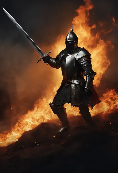 /imagine prompt: Knight illustration with sticker on black background,Burning medieval helmet，Burning iron sword，The outline is bold, Jagged edges, Garbage core, Light and Shadow - V 5.2