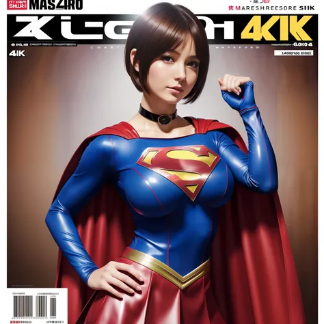 (Best Quality,4K,8K,hight resolution,masutepiece:1.2),Ultra-detailed,Realistic:1.37,Super masterpiece,Short-haired Supergirl、large full breasts、Looking at the camera、Glossy costume、a choker、Too short miniskirt、Magazine covers、Weekly Magazine