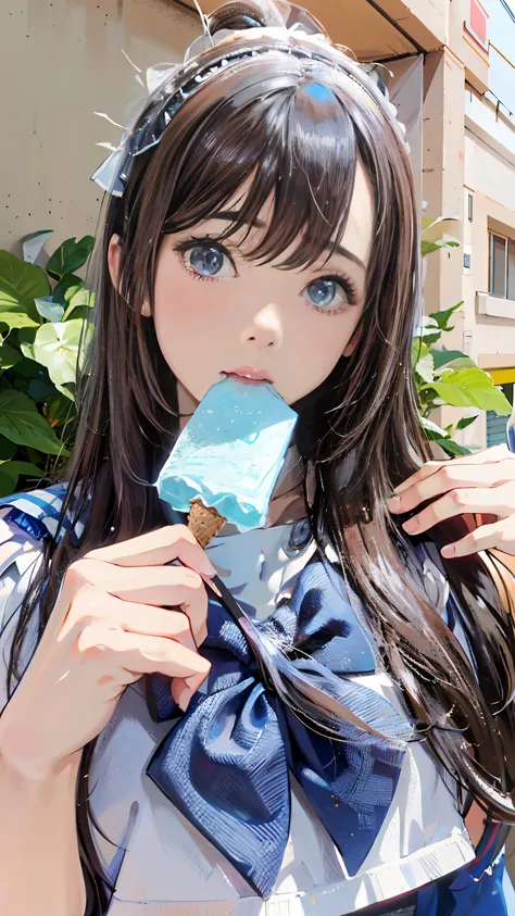 there is a girl eating something with a blue stick, sakimichan, realistic young gravure idol, eating ice - cream, mayuri shiina,...