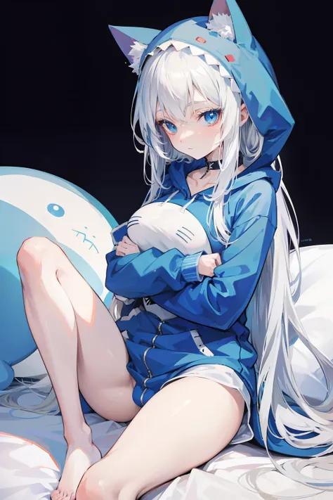 Anime girl, beautiful blue eyes, long white hair, cat ears, in a blue shark onesie with a hoodie on her head, sitting on a bed, good anatomy, bare legs, cute hugging a shark plushie, 8k, high resolution