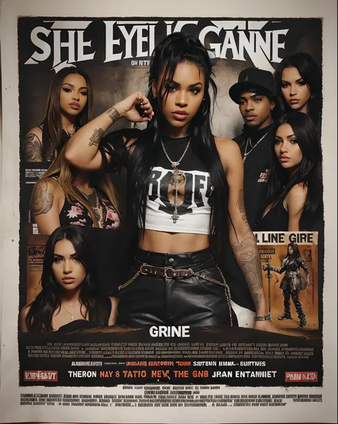 a musical chaos edgy gritty dark grune hip hop Flyers info with list of, artists name lots of info a girl rapper is in teh centre of the poster