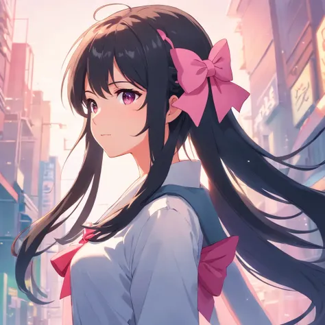 anime girl with long black hair and a pink bow